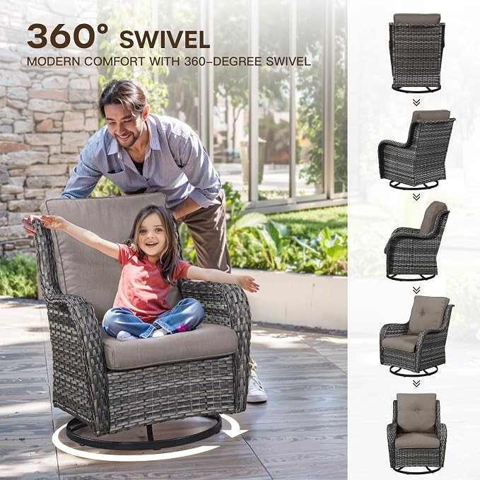 Patio Loveseat Glider Set, Resin Wicker Loveseat Glider with 4 Swivel Patio Chiars Rectangular Firepit Table, 7 Piece Patio Conversation Loveseat Set, Grey Wicker|Grey Cushions