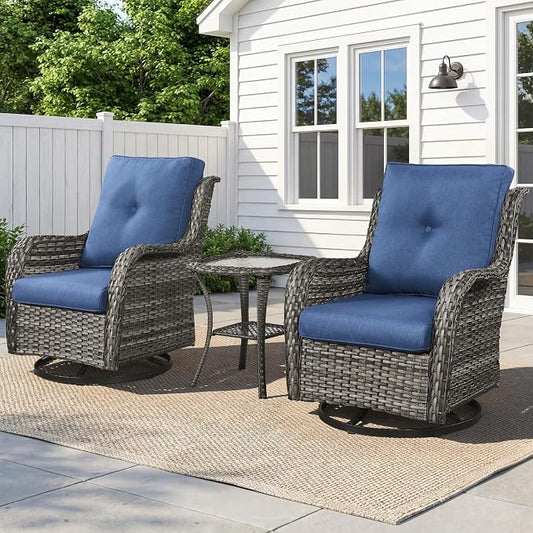 Belord Patio Wicker Chairs Swivel Rocker,Outdoor Patio Furniture Set with Rattan Side Table, All Weather Conversation Set for Porch Poolside Balcony, Gray Wicker/Blue