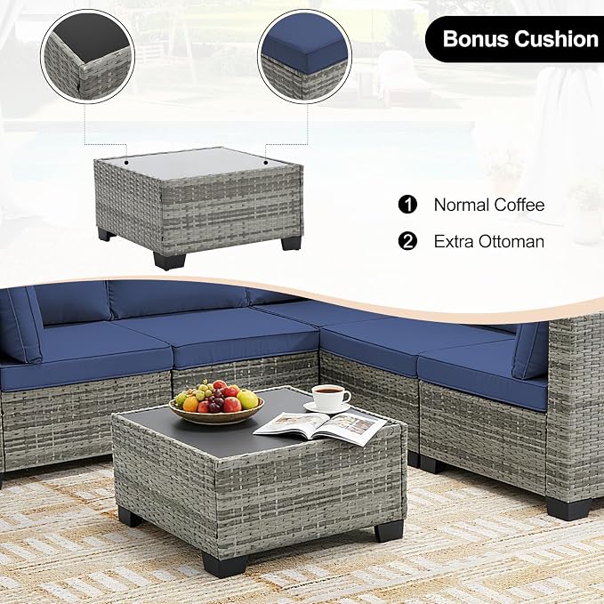 CANMOV 5 Pieces Patio Furniture Sets, All Weather Outdoor Patio Conversation Set, PE Wicker Rattan Sectional Sofa Couch Glass Coffee Table Washable Cushions for Backyard, Porch, Poolside, Navy Blue