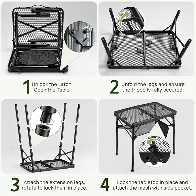 Folding Grill Table, 24"x16" Portable Camping Table with Storage Pocket, Heat Resistant & Waterproof Outdoor Picnic Table, Sturdy Lightweight for Travel Cooking BBQ, Camping, Backyard