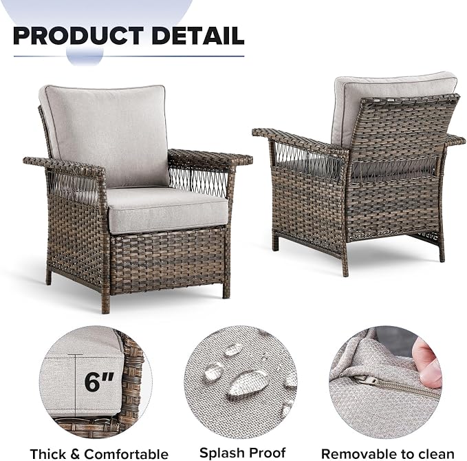 Rilyson Luxury Outdoor Patio Wicker Chairs Set of 2, Rattan 2 Piece Patio Chair Set with High Back, Comfy Cushions and Deep Seating for Porch Deck Backyard Garden(Brown/Beige)