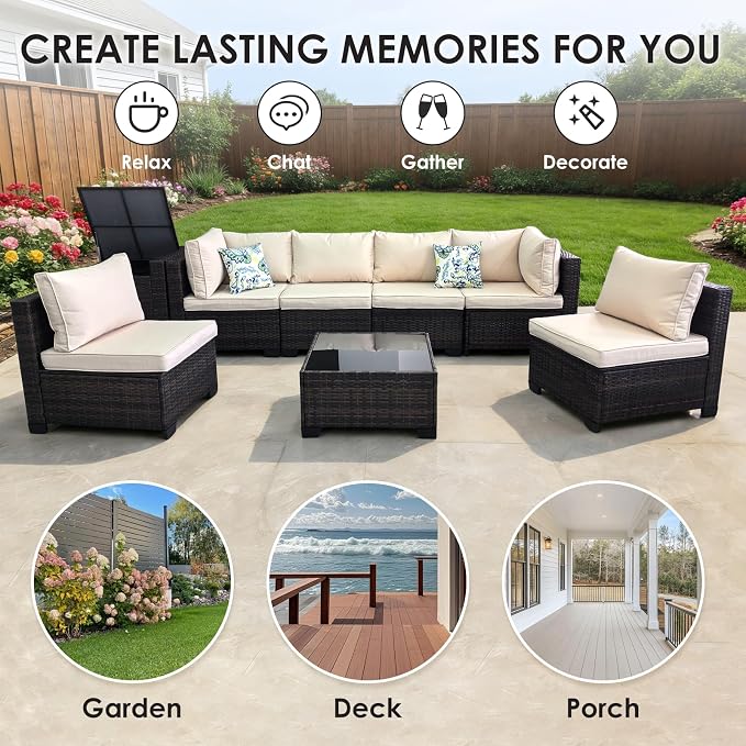 8 Pieces Patio Furniture Set with Storage, Outdoor Sectional Sofas | Storage Box with a Waterproof Bag, Wicker Modular Outdoor Sectional Furniture with Thick Cushions for Deck, Porch, Beige