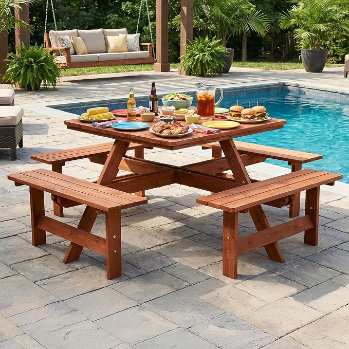 VINGLI 8-Person Wood Picnic Table Outdoor Sqaure Picnic Table with Umbrella Hole and 4 Built-in Benches, Outdoor Dining Tables and Chairs 500 LBS Bench Capacity (Brown, Sqaure)