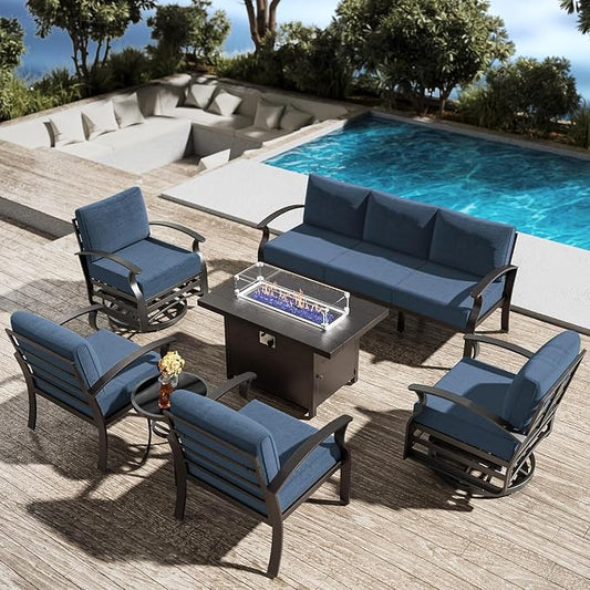 Patio Furniture Set 7-Piece Aluminum Armrest Sofa, Modern Outdoor Living Room Set with 55000 BTU Propane Aluminum Fireplace, Outdoor Rotary Joystick with Thick Cushion