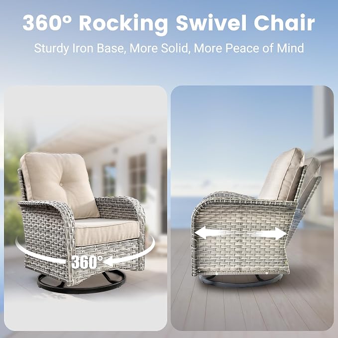 8-Piece Wicker Outdoor Sectional Furniture with Firepit Table, Wide Armrest Patio Couch Set Swivel Rocking Chair Ottoman, Modern Modular Conversation Sets for Backyard Deck Garden, Beige