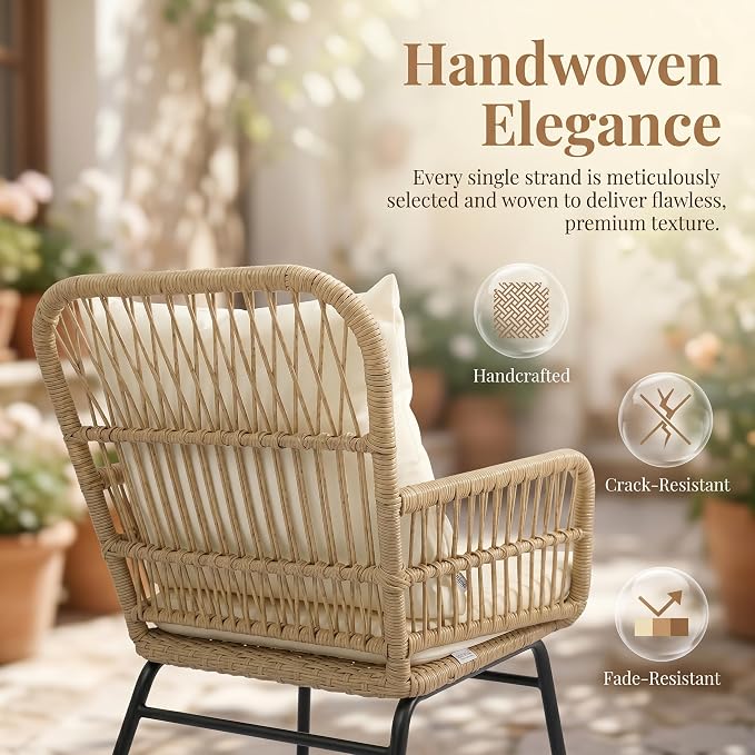 NICESOUL 3 Pieces Boho Small Outdoor Patio Chair Set with Thick Cushion and Glass Table, Rattan Wicker Chair, Bistro Set for Garden Balcony Deck Porch Backyard Apartment, Beige