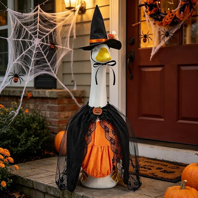 Old Lady Porch Goose Outfits Grandma Goose Clothes Glasses Curly Wig Floral Print Dress Cardign and Pearl Necklace,23'' Geese Statue Outdoor Patio Yard Lawn Decoration (Black)