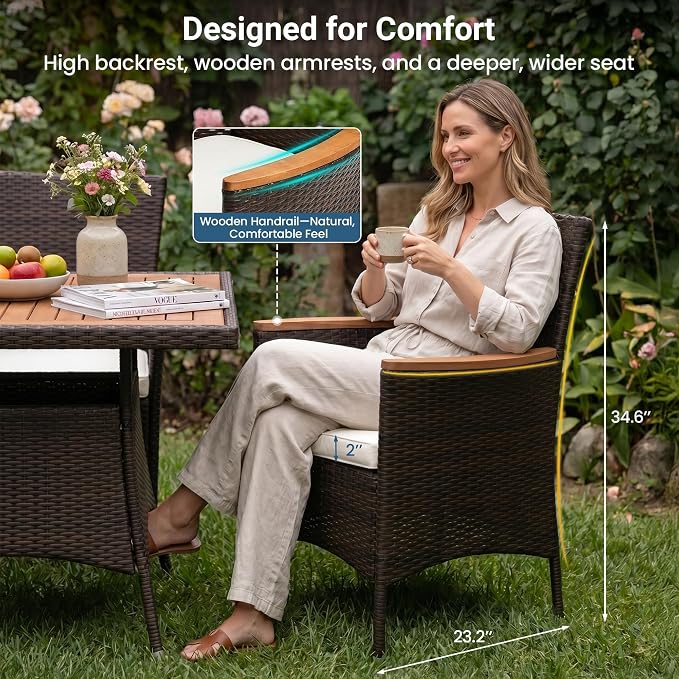 Wisteria Lane 10-Pieces Outdoor Patio Table and Chairs, Rattan Patio Table Set with Acacia Wood Tabletop, Patio Dining Furniture Set for 8 with Removable Cushions for Deck Garden Backyard, Brown
