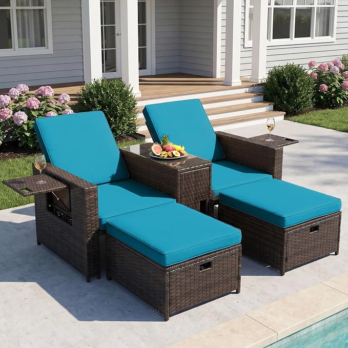 LVUYOYO 5 Piece Patio Furniture Set, Patio Wicker Conversation Set with Ottoman, Outdoor Chaise Lounge Chair with Side Table & Adjustable Backrest for Pool Backyard Garden (Brown Wicker Green Cushion)
