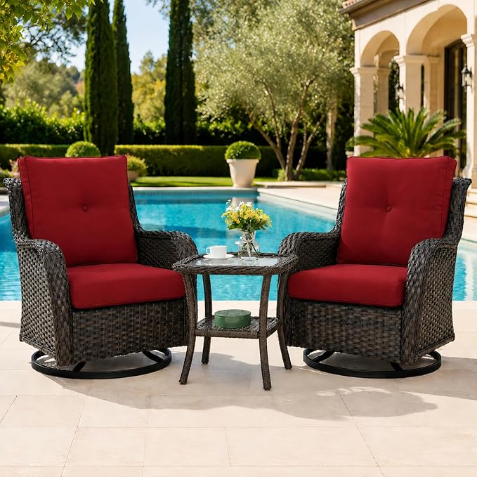 HUMMUH 3-Piece Swivel Rocking Rattan Chair Outdoor, Patio Bistro Furniture Conversation Set, Cushioned Wicker Chair with Glass Coffee Table