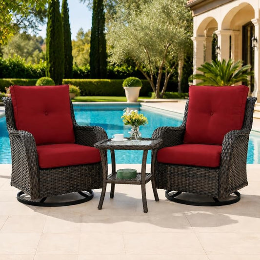 HUMMUH 3-Piece Swivel Rocking Rattan Chair Outdoor, Patio Bistro Furniture Conversation Set, Cushioned Wicker Chair with Glass Coffee Table