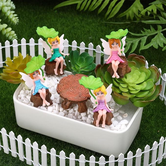 10 PCS Fairy Garden Accessories Included Miniature Table and Chairs Set White Mini Fence Tiny Fairies Figurines Fairy, Garden Furniture Ornaments Kit for Craft Dollhouse Outdoor Decoration