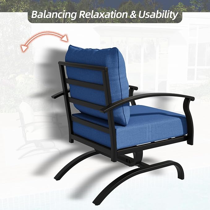 Kurapika Metal Patio Furniture Set 5-Seat Modern Metal Bistro Set Outdoor Conversation Sets, 2 Piece Patio Rocker Chairs with Thick Cushion and Coffee Table for Garden Backyard Deck Lawn, Navy Blue