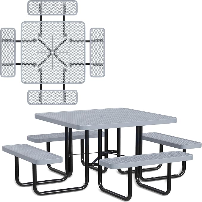 Leisure Craft Metal Picnic Table with Bench - 46" Square Outdoor Dining Table for 8 with Umbrella Hole, Weatherproof Heavy Duty Thermoplastic Coating, Commercial Grade Furniture Made in USA - Gray