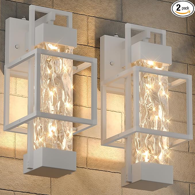Hotsonic 2 Pack White Dusk to Dawn Outdoor Porch Light Fixtures Wall Mount, 14'' Dimmable Exterior Lighting for Outside, Waterproof Wall Lantern Lamps, Sconce Coach Lights for House, Garage
