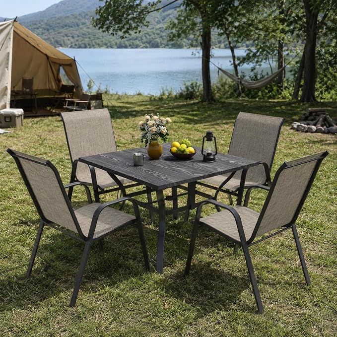5 Piece Patio Dining Set, Stackable Outdoor Chairs Set of 4 with Textilene Fabric, 37.8" Wood-Grain Square Table with Umbrella Hole for Backyard Lawn Party (1 Table + 4 Chairs) (Brown)