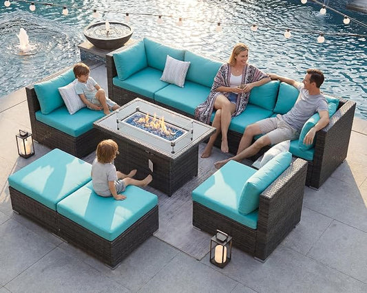 BULEXYARD 9 Pcs Highback Patio Furniture Set with Firepit, High-End Outdoor Sectional Couch with Ottoman 8-Seats, Cozy Comfy Wide Deep Deck Seating Group Conversation, Grey Rattan & Turquoise Cushion