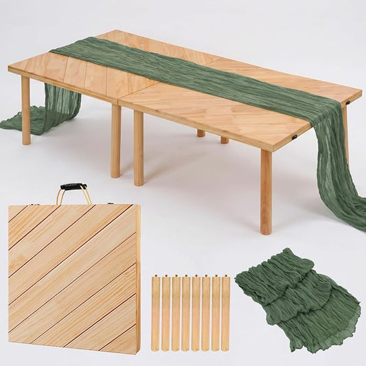 Wooden Folding Picnic Table - 60" x 30" Boho Low Picnic Table with Table Runner, Foldable Table for Indoor Outdoor Camping, Wedding, Beach, Garden, Party(Large Size for 6-8)