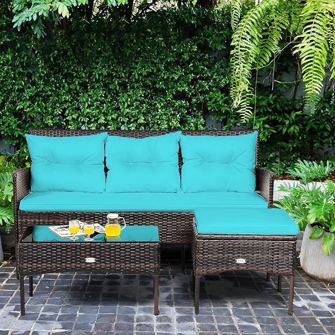 HAPPYGRILL 3 Piece Outdoor Rattan Conversation Set Patio Furniture Set with Tempered Glass Coffee Table, 5 Elastic Seat & Back Cushions, Sectional Sofa Set for Poolside Balcony Backyard