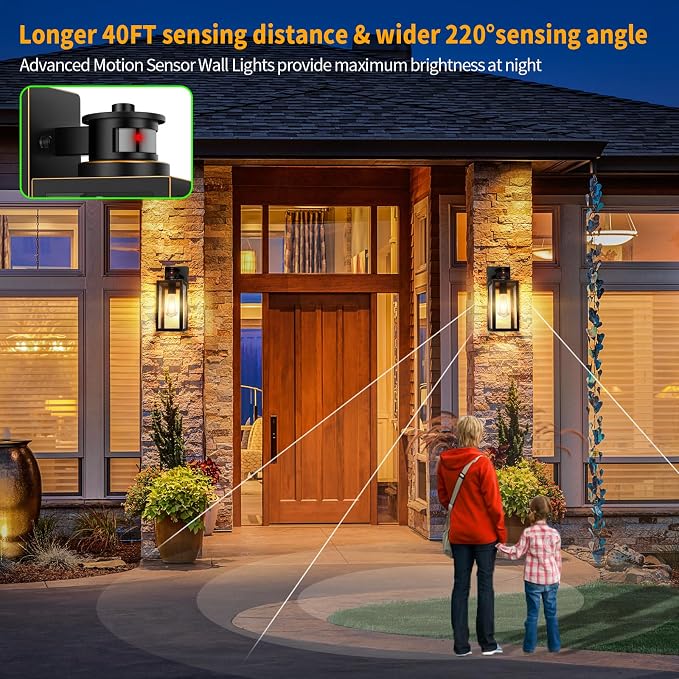 2-Pack Motion Sensor Outdoor Wall Lights, Waterproof Dusk to Dawn Exterior Wall Light Fixtures, Oil Rubbed Bronze Outside Porch Lights for House Garage, Motion Sensor Wall Lanterns with Clear Glass