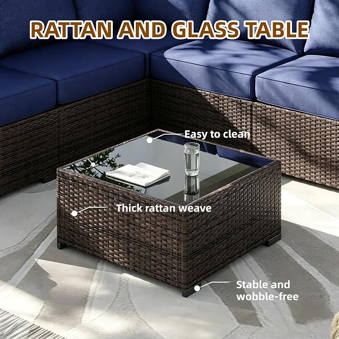 MOCHITO 7 Pcs Outdoor Patio Furniture Sets Brown Rattan Blue Cushions | All-Weather Sectional Sofa, with Glass Table, PE Rattan Wicker Patio Furniture , Washable Cushions, for Balcony Porch Garden
