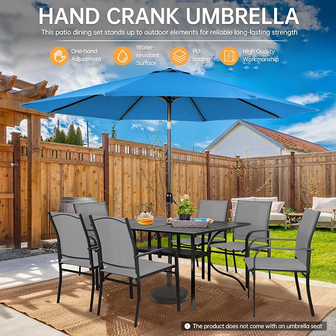 SUNCROWN 8 - Piece Outdoor Dining Set, Patio Furniture Set with 6 Textilene Dinning Chairs, 1 Rectangle Metal Table and 1 Sky Blue 9Ft Patio Umbrella for Lawn Garden Backyard Deck, Grey