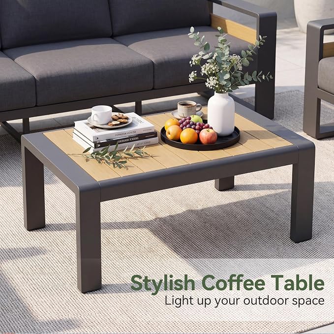 Aoxun Aluminum Patio Coffee Table, All-Weather Outdoor Metal Coffee Table with Stylish Tabletop for Balcony, Garden, Dark Grey