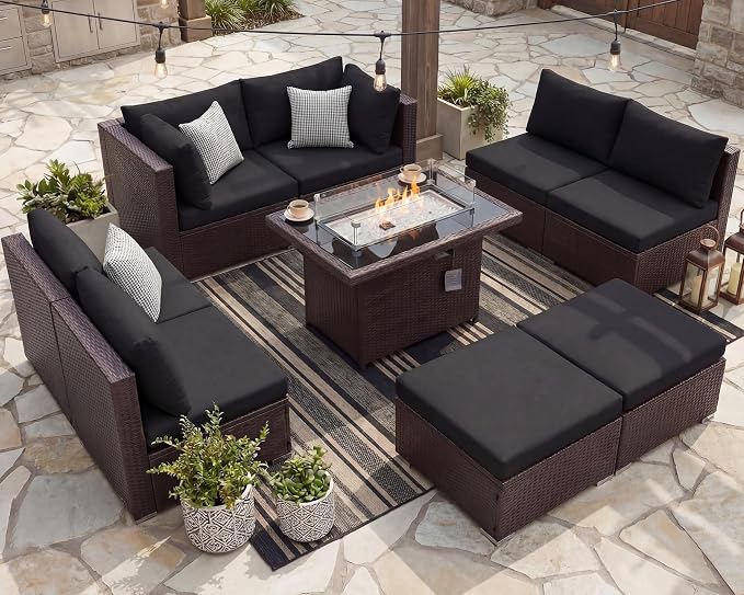 NICESOUL 9 Piece Patio Furniture Set with Fireplace Natural Gas/Propane, 29.3'' High Back Large Wicker Outdoor Sectional Sofa Sets, Deep Seat Sitting Area Backyard, Brown Rattan and Black Cushion