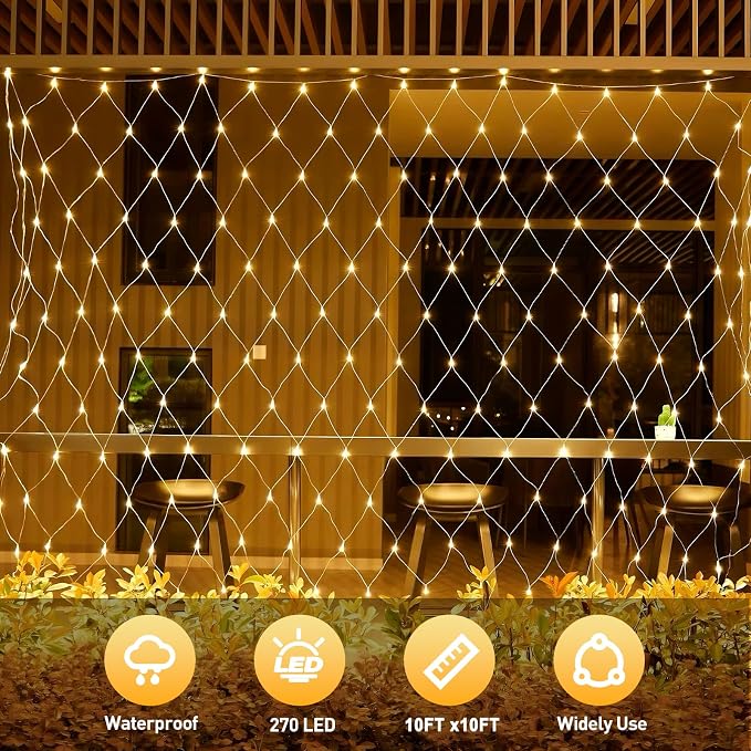 Leisure world 10ft x 10ft 270 LED Net Lights Mesh Fairy String Decorative Outdoor Warm White 8 Modes Net with Remote, Timer for Wedding Christmas Trees, Bushes, Garden, Outdoor Decorations