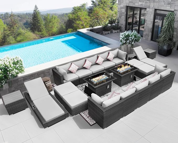 NICESOUL 20 Piece Extra Large Patio Furniture Set w/Fire Pit Table & Chaise Lounge, Modern Luxury Outdoor Group Seating w/Firepit, Comfortable 29.3" High-Back Sectional Couch Deep Seat, Light Gray