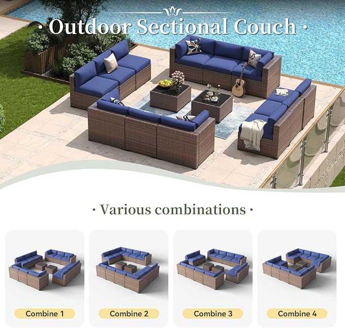 Aoxun 14 Piece Patio Furniture Set Wicker Rattan Patio Conversation Set Outdoor Sectional Sofa Set with Coffee Table and Thickened Cushions, Blue