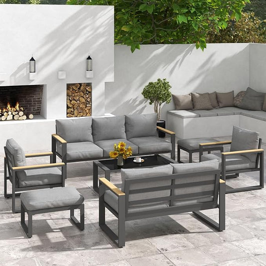 Green4ever Aluminum Patio Furniture Set, 7 Piece Outdoor Conversation Set with Coffee Table, Metal Outdoor Patio Furniture Set for Porch Backyard Garden, Grey