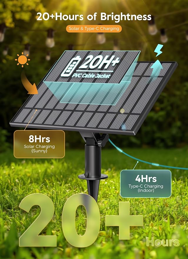 Minetom 163FT Solar String Lights Outdoor Waterproof,S14 Patio Lights | 52 LED Shatterproof Bulb, Remote Type-C Port Timable, 3 Light Modes Dimmable Solar String Lights for Outside, Yard, Camping