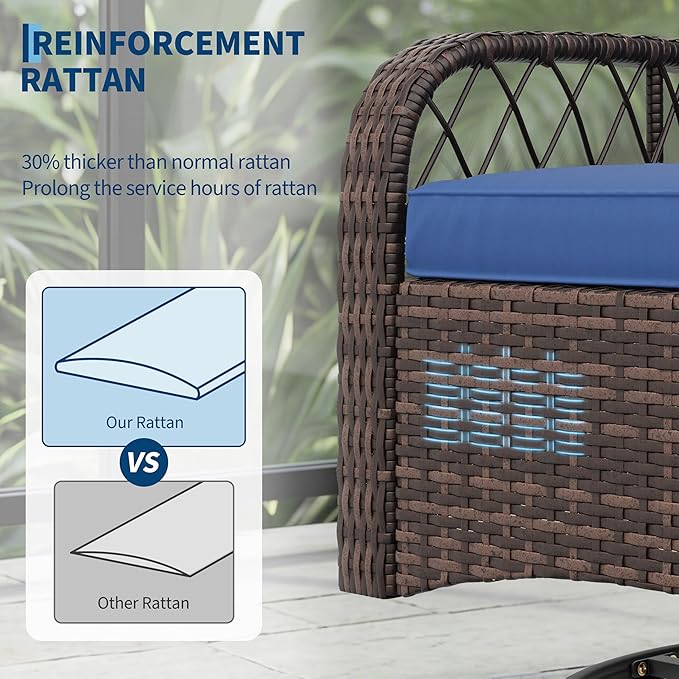 IDEALHOUSE 3-Piece Outdoor Patio Furniture Set, Wicker Swivel Rocking Chairs with Thick Cushions and Glass Coffee Table, Backyard & Garden Bistro Rocker Set, Brown+Blue Cushion
