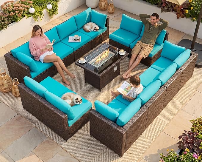 NICESOUL 13 Piece Patio Furniture w/Fireplace, Elegant Outdoor Seating w/Firepit, XL 29.3'' High Back Sectional Sofa, All-Weather Rattan Deck Couch, Modular Sturdy Conversation Set, Brown & Teal