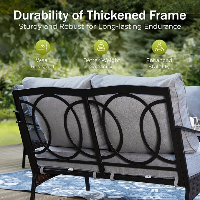PHI VILLA Patio Furniture Set, Extra Large Wicker & Metal Outdoor Conversation Set Patio Sectional Sofa Set with Swivel Chair & Waterproof Thick Cushions for Porch, Poolside, Deck(7 Pieces, Grey)