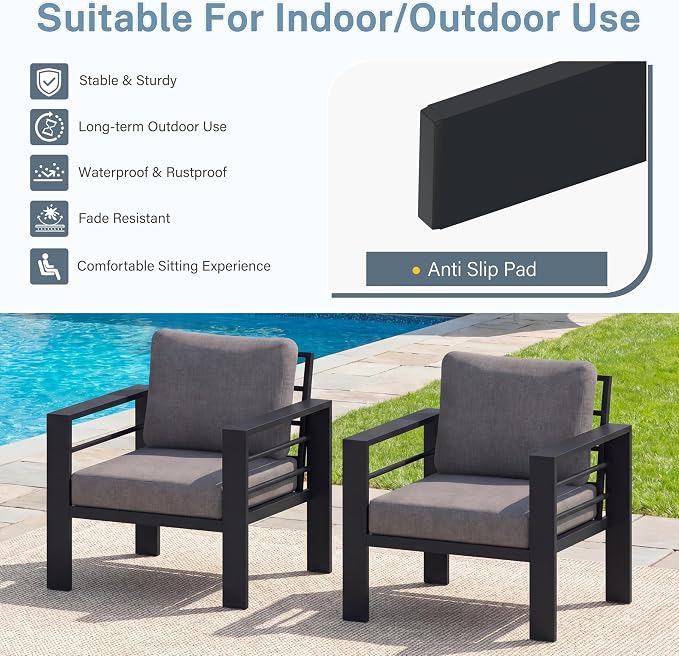 2 Pieces Outdoor Aluminum Armchair, Modern Patio Patio Furniture with 3.54” Wide Seat and Thick Cushions, All-Weather Outdoor Single Sofa for Deck, Porch