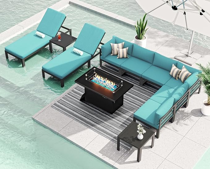 RADIATA 8 Seater Extra Large Modern Aluminum Outdoor Sofa with Lay Out Chair & Fire Pit Table, 500 lbs Durable Sectional Set for Heavy People, All Weather Comfy Patio Furniture Set for Backyard, Teal