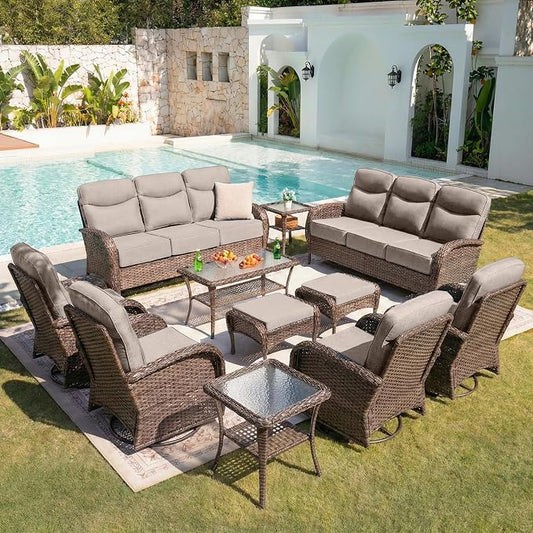 Belord Upgraded 6“ Cushion Luxury 11 Piece Patio Furniture Set - Wicker Outdoor Conversation Set with Swivel Rocker Patio Chairs, High Back Outdoor Furniture for Deck Porch Yard - Brown/Beige