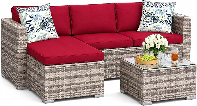 GAOMON 5 Piece Outdoor Patio Furniture Set, All-Weather PE Wicker Sectional Couch Set with Cushions and Ottomans, Outdoor Patio Conversation Set with Glass Table for Backyard, Porch, Balcony