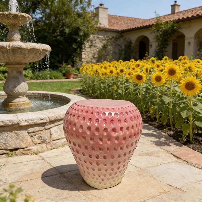 14'' Garden Fruit Design Stool, Decorative Patio Side Tables for Outside / Indoor, Drum Table & Plant Stands Stools for Patio Balcony Living Room, Home Decor, Weather-Resistant (Pink, Strawberry)