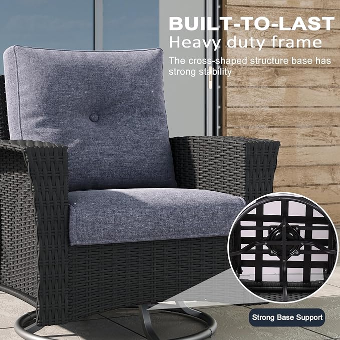 LayinSun 3 Piece Wicker Patio Furniture Set, Classis Outdoor Conversation 360 Degree Swivel Chairs Set with Coffee Table
