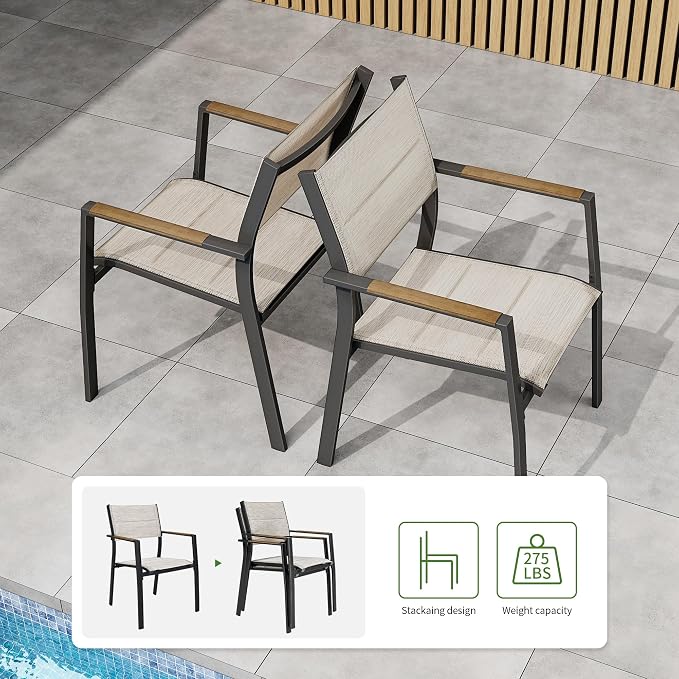 Outdoor Patio Dining Chairs Set of 2, Light Weight Aluminum Frame with Textilene Fabric & Wood-like Armrest, 275 LBS Capacity, Outdoor Stackable Chairs for Poolside Lawn Garden, Brown Armrest