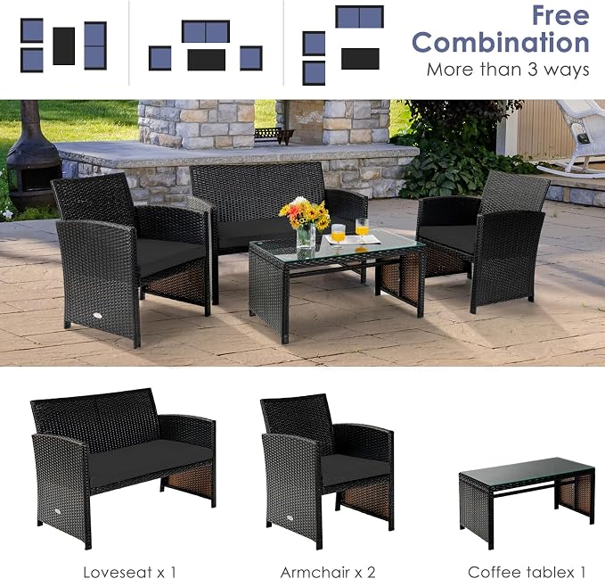 Tangkula 4 Pieces Rattan Furniture Set, Outdoor Conversation Set w/Chair & Loveseat & Tempered Glass Coffee Table, Suitable for Garden, Backyard, Poolside, Patio Furniture Set for 4 (2, Black)