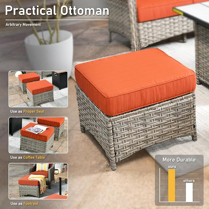 HOOOWOOO 6 Piece Patio Furniture Sets with Fire Pit Table,Outdoor Wicker Furniture Set,All Weather Resistant Outside High Back Rattan Conversation Set for Out Door(Orange Red)