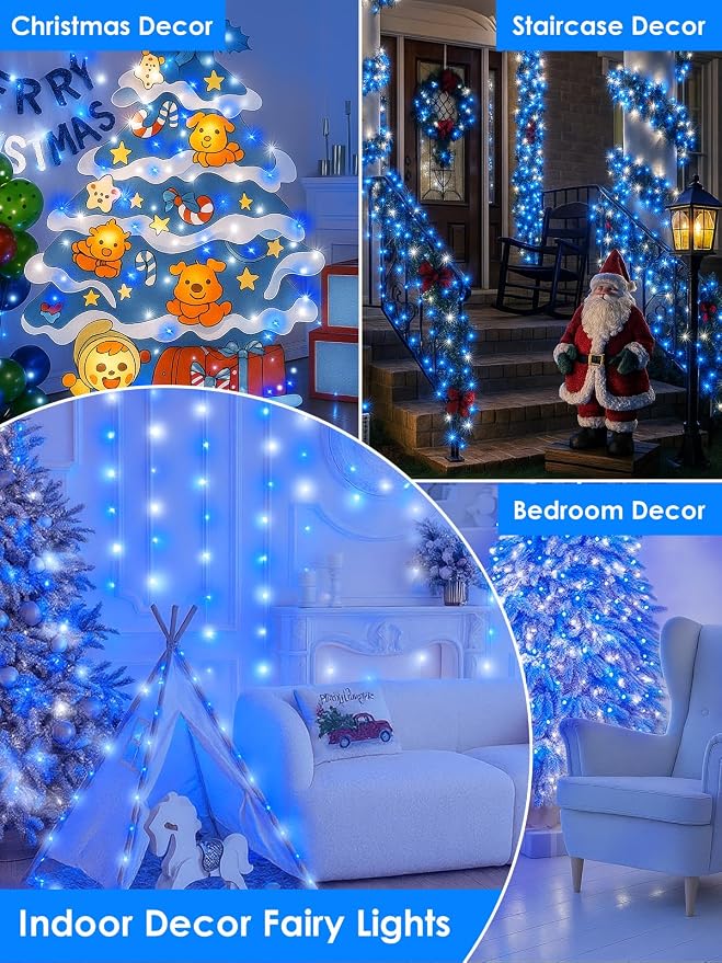 66FT 200 LED Fairy Lights Plug in, 8 Modes Twinkle Lights Blue and White | Waterproof String Lights Outdoor Indoor, Memory, Timer, Copper Wire, Christmas Lights for Bedroom Garden Party Holiday Decor