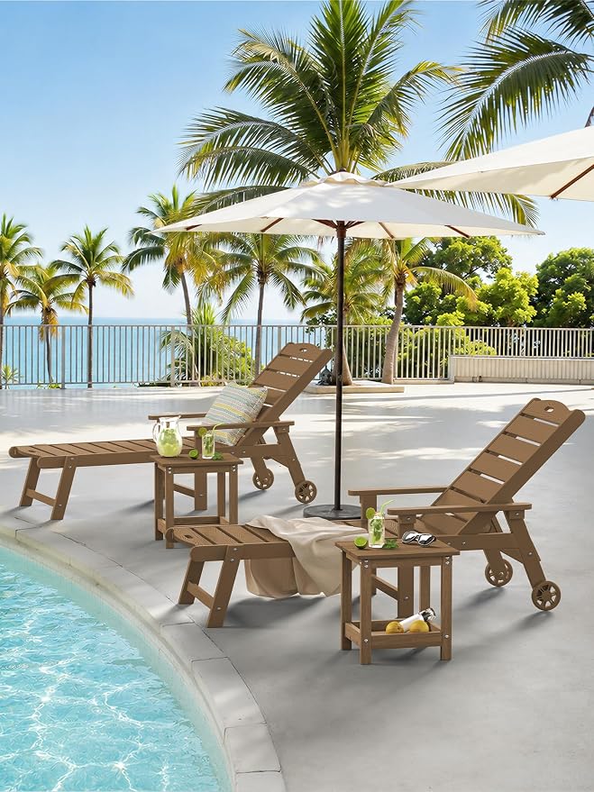 LUE BONA Outdoor Side Table, 2-Tier HDPE Small Outdoor End Table with Rail for Patio, Deck, Poolside, Low Maintenance & Weather Resistant, Walnut Brown
