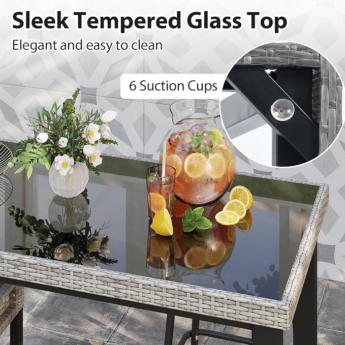 Tangkula 43.5” Outdoor Bar Table, Wicker Bar Height Dining Table w/Tempered Glass Top & 3 Rattan Shelves, Patio Metal Furniture w/Storage for Backyard, Poolside, Porch (Mix Gray)