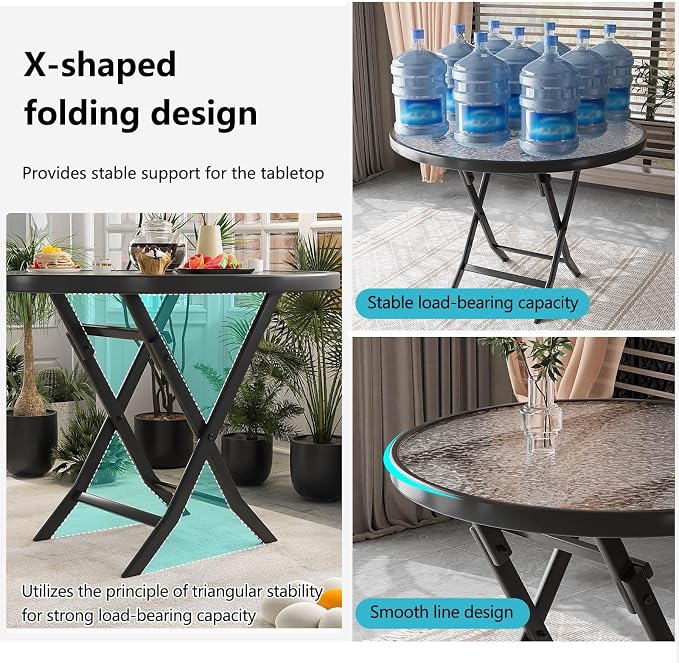 Folding Glass Outdoor Side Table, Patio Coffee Table, Weather Resistant Outdoor Round End Table, Portable Indoor Outdoor Glass Table, Modern Round Folding Dining Table, Space Saving Dining Table