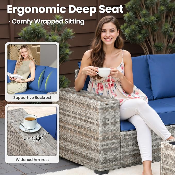 ovios 12 Pieces Patio Furniture Set, Outdoor Wicker Sectional Sofa with Coffee Table Comfy Cushions, Modern Modular Deep Seat Couch Rattan Conversation Set, Navy Blue
